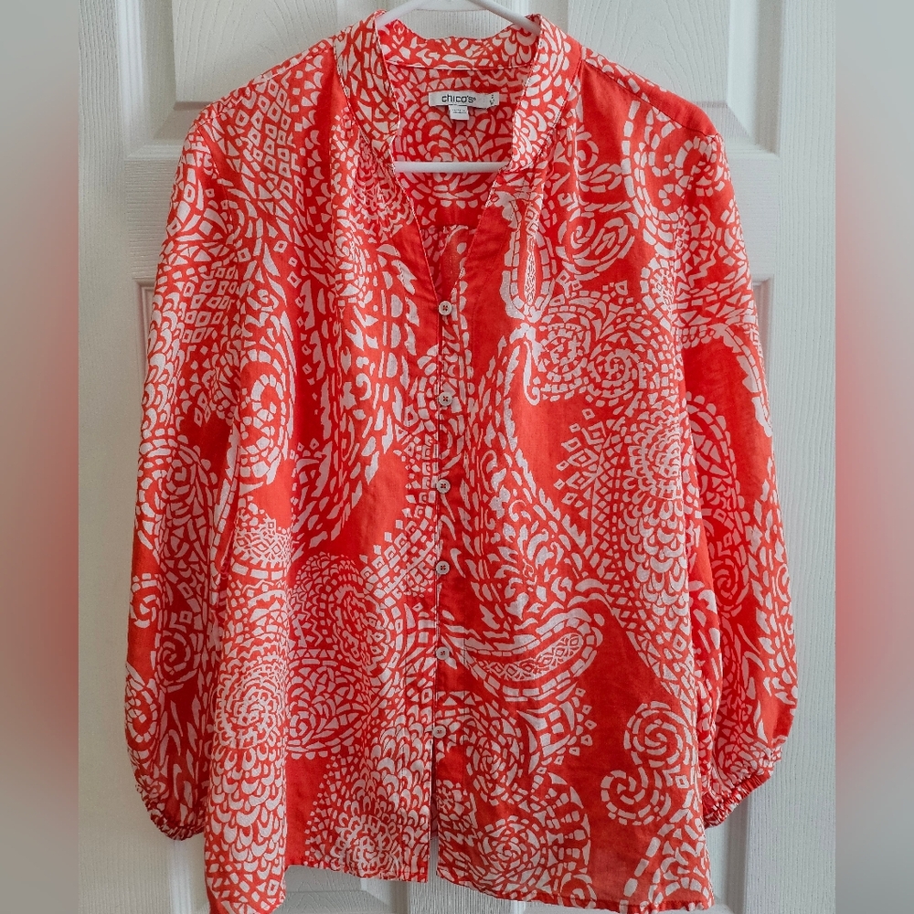Chico's Sz. 2 Orange White Blouse Paisley Career Designer